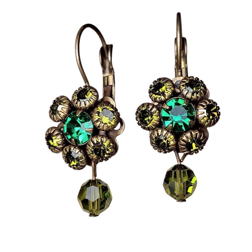 Art Nouveau Victorian Art Deco Revival Olive Green Crystal Drop Earrings